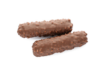 Two tasty chocolate bars on white background, top view