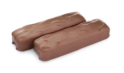 Two tasty chocolate bars on white background