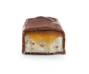 Piece of tasty chocolate bar with caramel isolated on white
