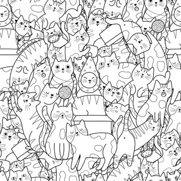 Funny doodle cats black and white seamless pattern. Cute background with funny feline animals for coloring book. Vector illustration