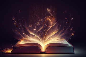 Open magic book with light coming out. Generative Ai