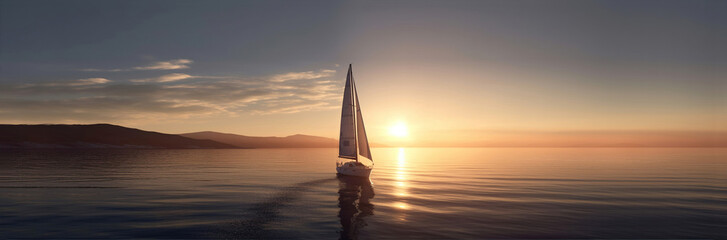 Fototapeta na wymiar Bay with sailing boat at sunset, panoramic banner. Created using generative AI tools