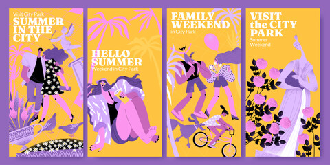Summer weekend in the city park. City activities vector banners set with loving couple, family and beautiful young woman