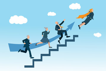 illustration vectorielle en flat design montrant un groupe d'hommes et femmes d'affaires montant un escalier dans le ciel pour s'envoler. Symbole de la réussite professionnelle - obrazy, fototapety, plakaty