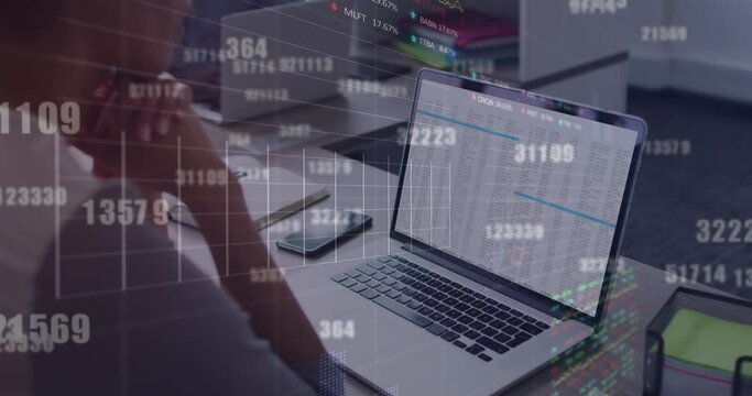 Animation of stock market data processing and numbers over biracial woman using laptop at office