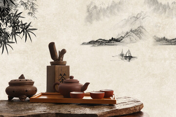 Ink painting and tea set
