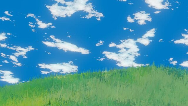 Toon grass and clouds of blue sky as procedural 3d modeling animation.
