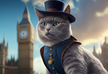 Gentleman cat walking in London. AI genarated - obrazy, fototapety, plakaty