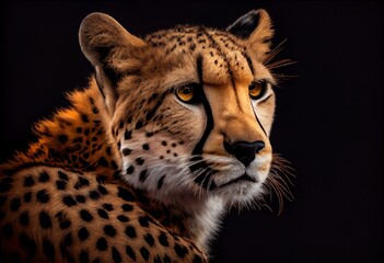 Fototapeta na wymiar Cheetah (Acinonyx jubatus) in front of black background, AIi generated. Generative AI
