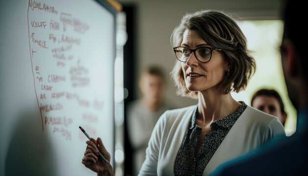 Teacher standing by a whiteboard giving a lecture. AI generated