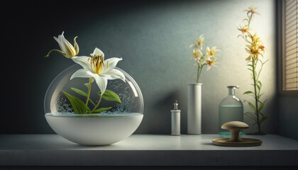 Wellness ornament in a bathroom in dim light with lily flowers. AI generated