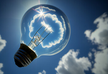 Shining light bulb against the blue sky. AI genarated