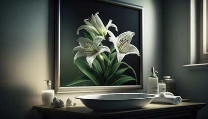Wellness ornament in a bathroom in dim light with lily flowers. AI generated