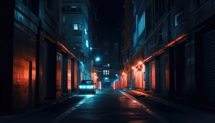 Fototapeta na wymiar Night in a big city with neon lights in the empty street. AI generated
