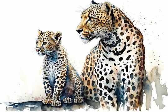mother cheetah with her cub in a watercolor painting. Generative AI