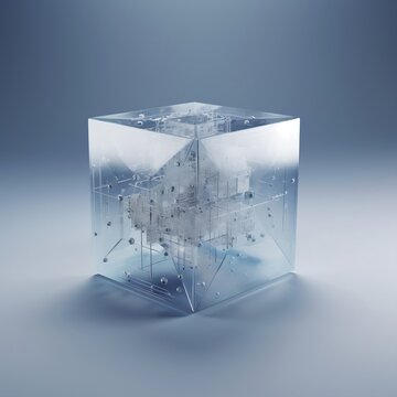 A magic cube icon, blue gradient frosted glass, white transparent technology sense, data line link, chip, big data, industrial machinery. generative AI
