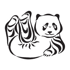 Funny panda lying on his back ink drawing. Black and white vector illustration Isolated on white background. Funny calligraphic drawing.