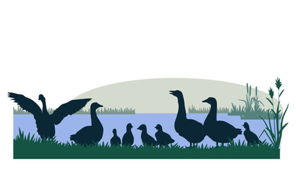 Rural landscape with geese silhouettes. Vector illustration © Евгений Горячев