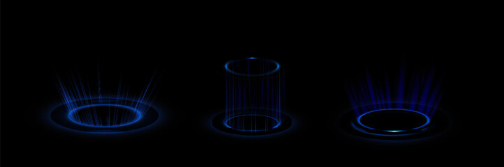 Circular portals, teleport, hologram gadget. Futuristic teleport. Projector HUD or podium for magic circle teleportation. Set of circle holograms.Empty podium light effect.