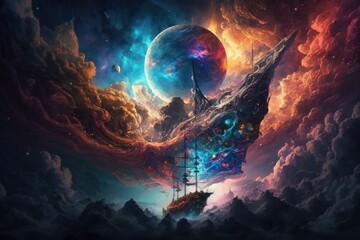 ship sailing in the clouds. Generative AI