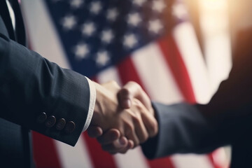 Two businessmen in business suits shaking hands on the background of the American flag. AI generated