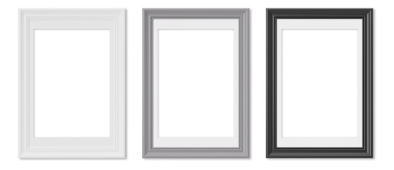 Set of vertical picture frames on transparent background, as png. White, gray and black frames with passepartout. Template, mock up for your picture, poster, artwork presentation. 3d render.