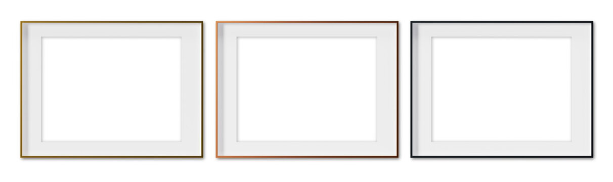 Set of horizontal picture frames on transparent background, as png. Golden, copper and black frames with passepartout. Template, mock up for your picture, poster, artwork presentation. 3d render.