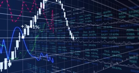 Animation of financial and stock market data processing over grid network against blue background - Powered by Adobe