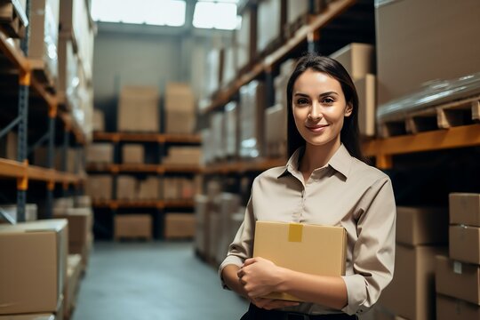 Young woman warehouse worker holding the package box in a warehouse storage. Generative AI