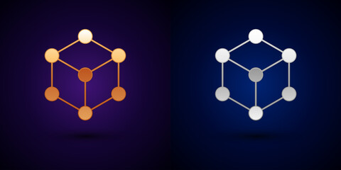 Gold and silver Molecule icon isolated on black background. Structure of molecules in chemistry, science teachers innovative educational poster. Vector