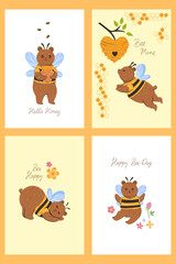 A set of postcards with cute bee bears. Vector graphics.