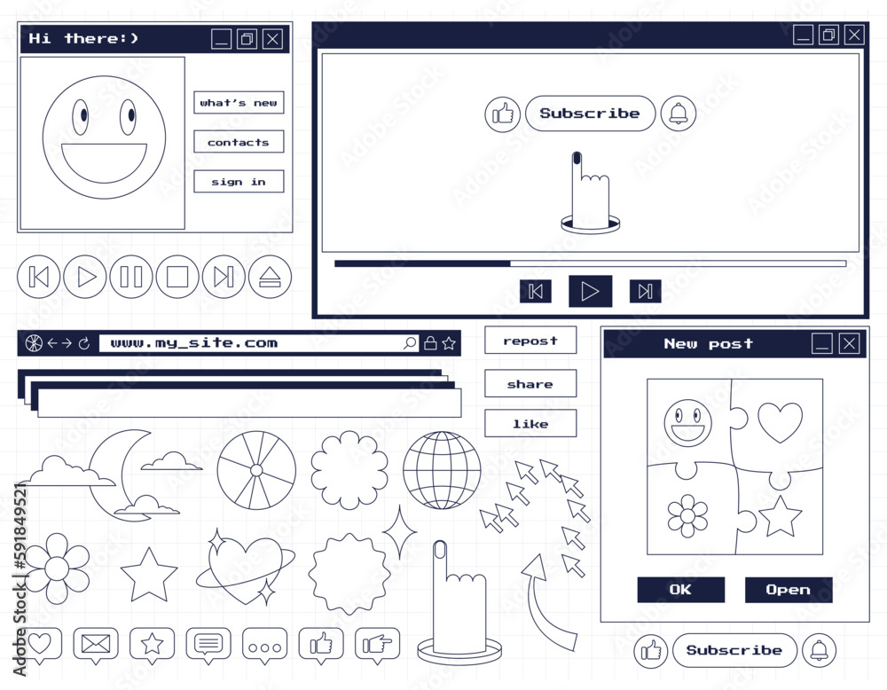 Fototapete a set of stickers and icons in retro aesthetics old computer style. user interface elements, dialog 