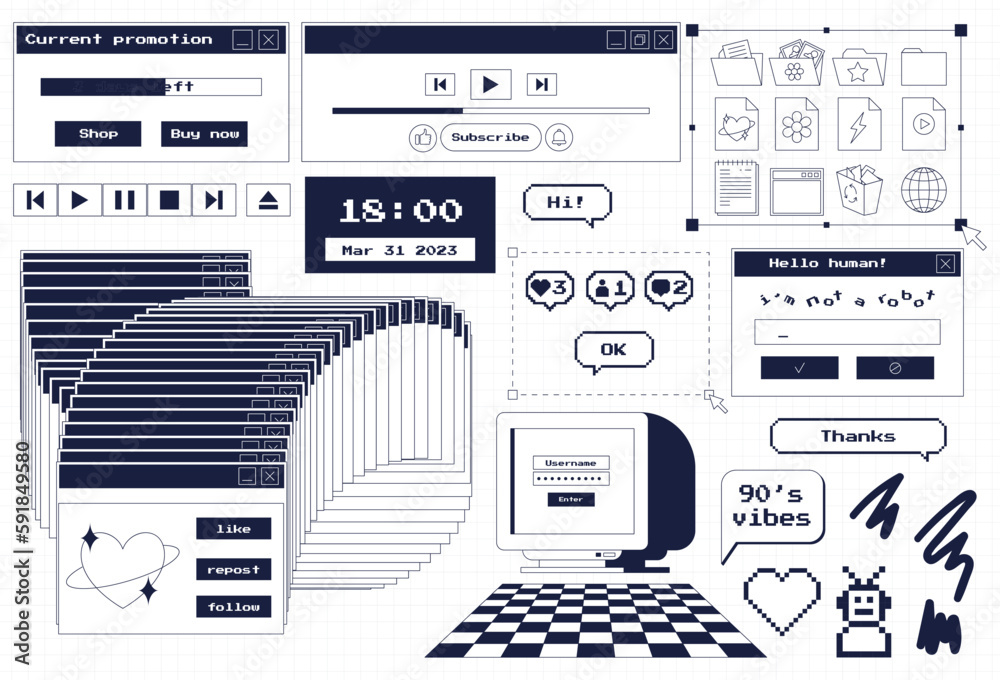 Fototapete A set of user interface design elements in 80s, 90s retro style. Old computer aesthetics. Vintage nostalgic icons and windows. Folder icons, monitor, frozen dialog box, player. Vector illustration.