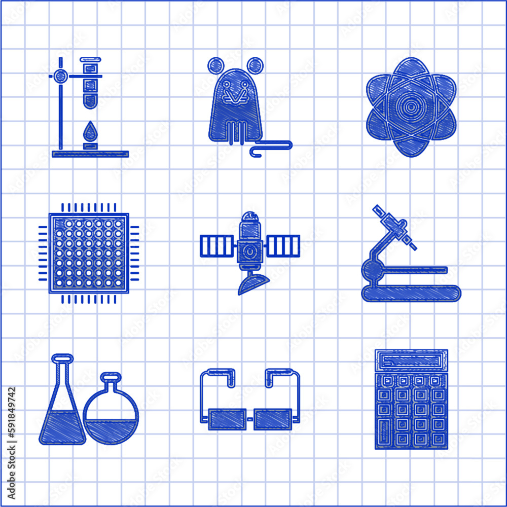 Sticker Set Satellite, Glasses, Calculator, Microscope, Test tube and flask chemical laboratory, Processor, Atom and test on fire heater icon. Vector