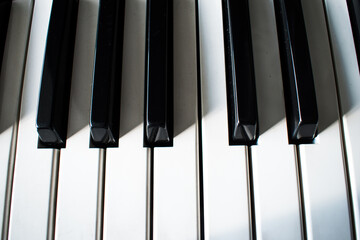 Top view of a detail of black and white piano keys