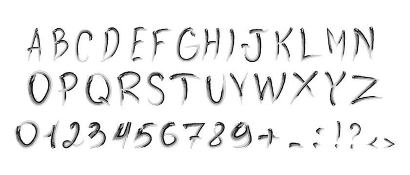 Brush stroke font. Hand drawn alphabet in graffiti style. Vector illustration isolated on white background.