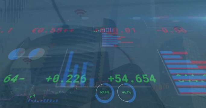 Animation of financial data processing over modern office building