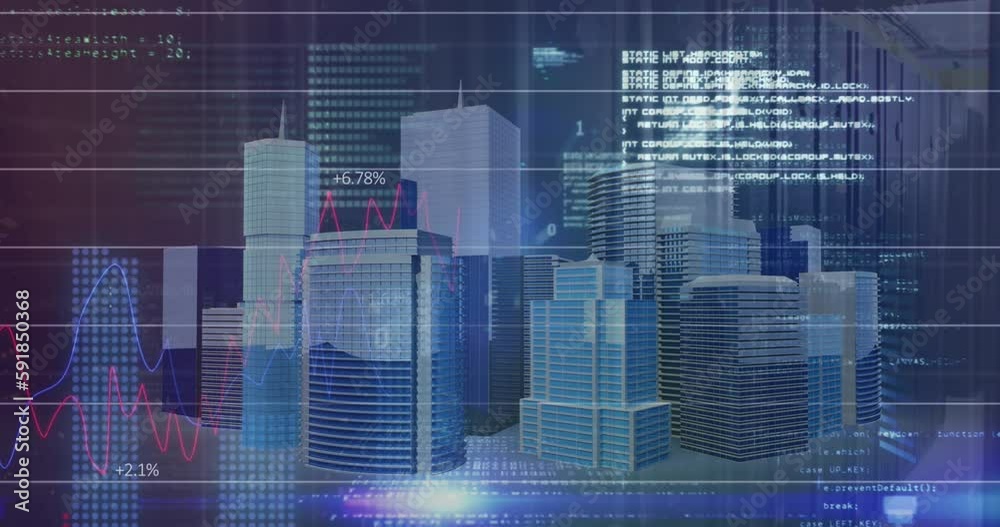 Poster animation of statistical data processing over 3d city model against computer server room