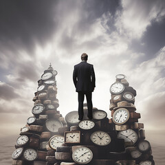 A suited man standing on top of stacked plenty clocks, business time abstract.