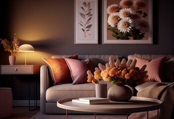 3D illustration. Living room decorated with minimalist warm tones. Adorable features include sofa, TV, coffee table, lamp, beautiful flower design. Generative AI