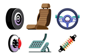 Automobile accessories. Tires, car seats, steering wheels, disc brakes, brake and accelerator pedals, and suspension shocks, on white background.