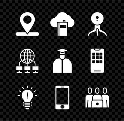 Set Location, Cloud or online library, Web camera, Light bulb with concept of idea, Mobile phone, Online class, Computer network and Student icon. Vector
