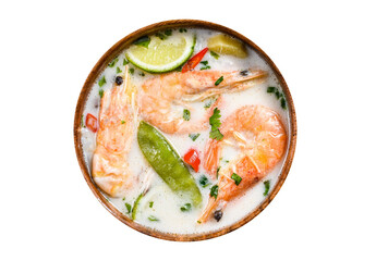 Tom Kha Gai. Spicy creamy coconut soup with chicken and shrimp. Thai food.  Isolated, transparent...