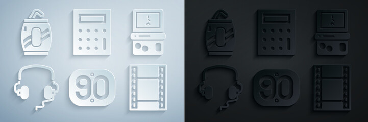 Set 90s Retro, Tetris, Headphones, Play Video, Calculator and Soda can with straw icon. Vector