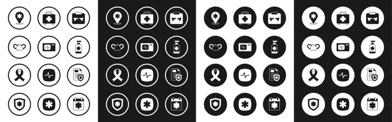 Set X-ray shots with broken bone, Monitor cardiogram, Medical protective mask, Location hospital, Antibacterial soap, First aid kit, Patient record and Awareness ribbon icon. Vector