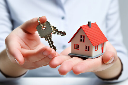 A Woman's Hand Holding a tiny new home and the Key to your dreams house, mortage, loan, banks, real estate,  AI Generative