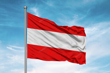 Fototapeta na wymiar Austria national flag cloth fabric waving on beautiful sky Background.
