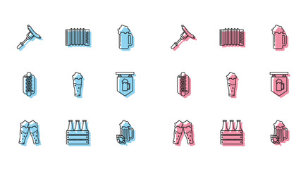 Set line Glass of beer, Pack bottles, Sausage on the fork, and hop, Street signboard with glass, Hotdog sandwich mustard and Musical instrument accordion icon. Vector