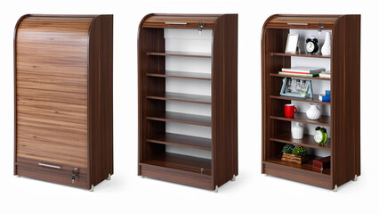 Shelving unit with books and decor different angle isolated on white background 