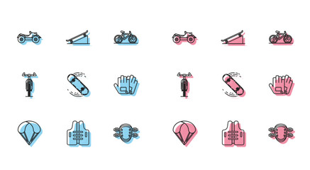 Set line Parachute, Life jacket, All Terrain Vehicle or ATV motorcycle, Knee pads, Skateboard trick, Gloves, Bicycle and on street ramp icon. Vector